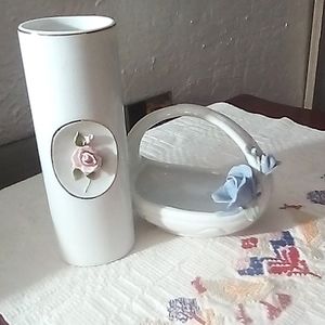 Vintage collection of porcelain pieces, vase and candy dish.